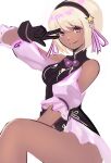  1girl alternate_color asamiya_athena blonde_hair dark-skinned_female dark_skin gloves hairband highres meke_(77842928) short_hair the_king_of_fighters the_king_of_fighters_xv v 