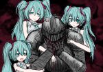  1boy 3girls age_comparison aqua_eyes aqua_hair aqua_necktie armor black_souls black_souls_2 blood blood_from_eyes blood_on_face closed_mouth dot_nose full_armor gauntlets grimm_(black_souls) hand_on_another's_head hand_on_own_face hatsune_miku heart heart-shaped_pupils helm helmet highres holding holding_another's_arm knight long_hair looking_at_another meme multiple_girls necktie open_mouth parody ricinus shirt sleeveless sleeveless_shirt sushi_yuusha_toro_(style) symbol-shaped_pupils twintails upper_body where_is_alice_(meme) white_shirt 