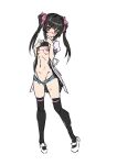  1girl bikini black_hair black_legwear blush breasts clothes_lift fujikawa_daichi full_body hair_ribbon lifted_by_self long_hair looking_at_viewer navel open_clothes open_shorts pink_bikini red_eyes ribbon senki_zesshou_symphogear shiny shiny_hair shirt_lift shorts simple_background sketch small_breasts smile solo swimsuit thighhighs tsukuyomi_shirabe twintails white_background 