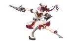  1girl absurdres apex_legends assault_rifle black_choker black_shirt boots bow breasts brown_hair choker collared_shirt floating_hair gun hair_bow highres holding holding_gun holding_knife holding_weapon iris_black_games jacket kercerberus knife kunai medium_breasts multicolored_hair open_mouth pink_hair r-301_carbine red_bow rifle shirt solo tachibana_hinano_(vtuber) thigh_strap twintails two-tone_hair virtual_youtuber vspo! weapon white_background white_footwear white_headwear white_jacket wraith&#039;s_kunai 