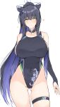  1girl animal_ears ass_visible_through_thighs bangs bare_shoulders black_hair black_swimsuit blue_archive breasts bridal_gauntlets collarbone covered_navel detached_collar detached_sleeves green_eyes halcon halo highleg highleg_swimsuit highres large_breasts long_hair looking_at_viewer one-piece_swimsuit ponytail shun_(blue_archive) sidelocks smile solo swimsuit thigh_strap thighs tiger_ears very_long_hair 