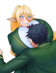  1boy 1girl animal_ears blonde_hair blue_eyes blush breast_smother breasts centorea_shianus face_to_breasts green_jacket hair_between_eyes hetero highres horse_ears huge_breasts jacket looking_down monster_girl monster_musume_no_iru_nichijou necktie official_art okayado ponytail school_uniform shirt sweatdrop wavy_mouth 