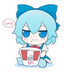  1girl azuma_meri blue_bow blue_dress blue_eyes blue_hair blue_shoes blush bow bowtie bucket character_doll character_print chibi chicken_nuggets cirno closed_mouth collared_shirt commentary doll dress english_text food food_on_face fumo_(doll) glasses hair_between_eyes kfc looking_to_the_side multicolored_hair niwatari_kutaka no_wings puffy_short_sleeves puffy_sleeves red_bow red_bowtie shirt shoes short_hair short_sleeves simple_background sitting smile solo speech_bubble touhou two-tone_hair v-shaped_eyebrows white_background white_shirt 