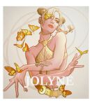  1girl absurdres bare_shoulders blonde_hair border braid bug butterfly butterfly_on_hand butterfly_tattoo character_name chinese_commentary collarbone commentary_request criss-cross_halter cropped_torso crossed_arms double_bun ginsky2000 green_eyes grey_background hair_bun halterneck highres jojo_no_kimyou_na_bouken jojo_pose kujo_jolyne looking_to_the_side red_lips solo stone_ocean tattoo white_border 