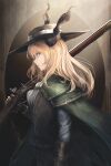  1girl antique_firearm black_hat black_horns black_jacket blonde_hair blue_eyes cape cloak firelock flintlock from_side gloves green_cape gun hat highres holding holding_gun holding_weapon horns jacket leather leather_gloves long_sleeves medium_hair moose_(moosu193) original parted_lips rifle shirt solo spiral_horn weapon white_shirt 
