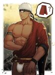  1boy angry bara bare_pectorals blurry blurry_background bracelet coat facial_hair fundoshi headband highres japanese_clothes jewelry large_pectorals leaf male_focus manly mature_male muscular muscular_male nipples pectorals sideburns solo speech_bubble stubble tattoo white_hair yellow_eyes zhuganchangjiadan 