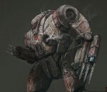  artist_name barrel battletech cannon clenched_hands commentary english_text grey_background mecha pillager skull_print smoke user000000000001 watermark web_address 