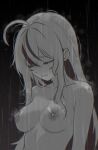  2025 absurdres anb_(anb_draws) breasts closed_eyes completely_nude crying dark_background highres monochrome nude original rain tearing_up tears white_hair 