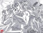  6+boys araki_hirohiko_(style) argyle_clothes argyle_hat belt_buckle black_tank_top bouquet bowler_hat bracer buckle closed_mouth collared_shirt cup dio_brando drinking_glass english_commentary fingerless_gloves flower gloves grandguerrilla greyscale hat highres holding holding_cup holding_sword holding_weapon jojo_no_kimyou_na_bouken jonathan_joestar long_coat long_hair long_sleeves luck_and_pluck manly monochrome moon multiple_boys muscular muscular_male official_style open_mouth phantom_blood robert_e._o._speedwagon shirt short_sleeves sun sword tank_top top_hat weapon will_anthonio_zeppeli wine_glass zombie 