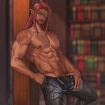  1boy abs artist_name bara beard biceps blue_eyes blurry blurry_background burn_scar commission ear_piercing earrings elf eyepatch facial_hair final_fantasy final_fantasy_xiv gantai-chan hairy highres jewelry jouvru library long_hair looking_at_viewer male_focus male_underwear muscular muscular_male navel navel_hair nipples original pants pectoral_cleavage pectorals piercing pointy_ears red_hair ring scar scar_on_chest scar_on_stomach smile solo thick_arms topless topless_male underwear veins 
