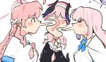  >_< 3girls ahoge black_shirt black_wings blank_eyes blue_archive blue_bow blue_bowtie blush bow bowtie halo hanako_(blue_archive) head_wings highres kinzaibatsu91 koharu_(blue_archive) long_hair maomao_evading_jinshi's_kiss_(meme) meme mika_(blue_archive) multiple_girls neckerchief open_mouth pink_hair pink_halo pink_neckerchief puckered_lips red_halo shirt simple_background white_background white_shirt wings yuri 