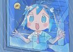  1girl 1nupool :3 :d ahoge blue_eyes blush_stickers highres light_bulb liquid_clothes liquid_hair looking_outside original rain school_uniform short_hair smile solo water water_elemental window 