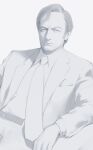  1boy absurdres belt better_call_saul breaking_bad closed_mouth collared_shirt dress_shirt formal_clothes highres jacket long_sleeves looking_at_viewer male_focus monochrome nagamerin necktie open_clothes open_jacket pocket_square saul_goodman shirt short_hair simple_background sketch solo suit_jacket 
