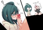  1boy 2025 2girls absurdres after_fellatio alice_(westyjuice) anb_(anb_draws) bottomless clothed_female_nude_male cum cum_on_eyewear english_text fellatio green_eyes green_hair highres licking licking_penis looking_at_penis minami_(anb_draws) multiple_girls nude oral original penis round_eyewear thumbs_up white_background white_hair 