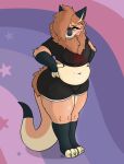 anthro belly belly_overhang big_butt blush bottomwear breasts bulge butt cel_shading claws clothing crop_top fluffy freckles gynomorph hi_res hotpants intersex kariwolf197 mamagen nails neck_tuft overweight shaded shirt shorts shy smile solo squishing_belly thick_thighs topwear tuft wide_hips yoga_shorts zoey_(kariwolf197) 