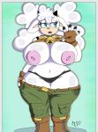 absurd_res anthro areola bell bell_collar belt big_breasts blue_eyes boots bottomwear bovid breasts caprine clothed clothing collar curvy_figure eyelashes female fingerless_gloves flashing flashing_breasts footwear fur genitals gloves half-closed_eyes handwear hi_res horn idw_publishing lanolin_the_sheep_(sonic) mammal narrowed_eyes navel nipples open_mouth pants rinarooni sega sheep shirt shoes simple_background solo sonic_the_hedgehog_(comics) sonic_the_hedgehog_(idw) sonic_the_hedgehog_(series) taking_off_pants taking_off_shirt thick_thighs topwear underwear white_body white_fur wide_hips wool_(fur)