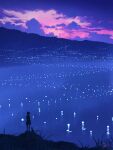  1girl absurdres cat chinese_commentary cloud commentary_request dusk film_grain highres huashijw lake mountainous_horizon original outdoors scenery signature silhouette sky solo standing very_wide_shot wind_turbine 