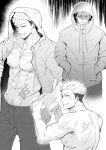 1boy abs adam's_apple aged_up collarbone full-length_zipper greyscale hand_in_pocket highres hood hoodie itadori_yuuji jujutsu_kaisen jujutsu_kaisen_modulo male_focus male_pubic_hair monochrome multiple_views navel neskuna nipples pants pectorals pubic_hair pubic_hair_peek puff_of_air scar scar_on_arm scar_on_chest scar_on_face scar_on_hand scar_on_mouth short_hair twitter_username undercut zipper 
