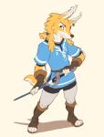  2019 anthro anthrofied boots breath_of_the_wild canid canine clothing dahecksajerry ear_piercing ear_ring feet fingerless_gloves fingers footwear fur gloves handwear link male mammal melee_weapon nintendo piercing simple_background solo sword the_legend_of_zelda toes video_games weapon 