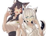  2girls absurdres ahoge animal_ear_fluff animal_ears bangs black_hair blue_eyes blue_nails brown_eyes candy ear_piercing food food_in_mouth fox_ears glasses hair_between_eyes hair_over_shoulder highres holding holding_candy holding_food holding_lollipop hololive lollipop long_hair looking_at_viewer multicolored_hair multiple_girls nail_polish ookami_mio open_mouth piercing red_hair red_nails samgo shirakami_fubuki shirt sleeveless sleeveless_shirt streaked_hair tongue tongue_out upper_body virtual_youtuber white_background white_hair white_shirt 