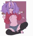  2025 absurdres anb_(anb_draws) baseball_bat black_thighhighs blue_eyes breasts colored_skin demon_horns english_commentary fang hana_(onii_nya) highres holding holding_baseball_bat horns middle_finger nipple_piercing original piercing pink_skin pointy_ears purple_hair red_sweater short_shorts shorts small_breasts sweater thighhighs toeless_socks 