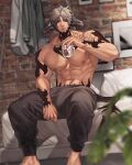  1boy abs artist_name bara bear biceps blue_eyes blurry blurry_background building commission couch final_fantasy final_fantasy_xiv highres horns jouvru male_focus muscular muscular_male original pants pectoral_cleavage pectorals plant room sitting solo tail thick_arms topless topless_male white_hair 