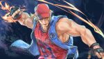  1boy arm_up baiyeju8 bare_shoulders baseball_cap basketball_jersey black_gloves blonde_hair blue_eyes blue_jacket clenched_hand clothing_cutout commentary fatal_fury fingernails fire glove_cutout gloves hair_over_one_eye hat highres jacket lips male_focus official_alternate_costume one_eye_covered print_shirt red_shirt shirt sleeveless sleeveless_jacket solo star_(symbol) street_fighter street_fighter_6 symbol-only_commentary teeth terry_bogard unzipped upper_body veins veiny_arms 