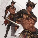  1boy abs animal_ears artist_name bara belt biceps boots brown_hair cat commission dagger ear_piercing earrings final_fantasy final_fantasy_xiv gauntlets highres jewelry jouvru knife looking_at_viewer male_focus muscular muscular_male navel original pants pectoral_cleavage pectorals piercing shoulder_pads smile solo sword tail tiger_stripes topless topless_male weapon yellow_eyes 