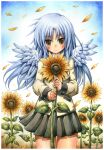  1girl angel_beats! angel_wings blush commission emperpep flower highres holding holding_plant light_blue_hair long_hair long_sleeves looking_at_viewer painting_(medium) petals plant pleated_skirt school_uniform skirt smile solo standing sunflower tenshi_(angel_beats!) traditional_media watercolor_(medium) wings yellow_eyes 