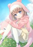  1girl blue_eyes blue_sky blush brown_hair cloud collarbone commentary_request day flower fur-trimmed_headwear head_tilt highres hood hood_down hoodie knees_together_feet_apart knees_up looking_at_viewer on_grass outdoors overall_shorts overalls pantyhose parted_lips pink_flower pink_footwear pink_headwear pink_hoodie pokemon pokemon_(game) pokemon_unite shoes sky slowpoke suzu_(minagi) white_flower white_legwear yellow_flower 