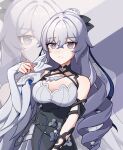  1girl bare_shoulders black_dress breasts bronya_rand bronya_zaychik bronya_zaychik_(silverwing:_n-ex) chinese_commentary cleavage commentary_request dress drill_hair grey_background grey_eyes grey_hair highres honkai_(series) honkai_impact_3rd large_breasts long_hair mi_si_lei_da_ke solo very_long_hair zoom_layer 