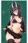  2025 anb_(anb_draws) bikini black-framed_eyewear black_bikini black_hair black_skirt demon_girl demon_horns fingerless_gloves gloves green_eyes highres horns original skirt swimsuit 