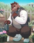  2022 anthro bottomwear brown_body clothing detailed_background gardening hermann_(knights_college) hi_res humanoid_hands kemono knights_college male mammal oumagawald outside overweight overweight_male pants scarf solo suid suina sus_(pig) sweater topwear video_games visual_novel watering_can wild_boar 