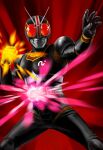  1boy antennae arm_up armor black_armor black_gloves black_helmet breastplate clenched_hand commentary compound_eyes cowboy_shot curled_fingers energy fighting_stance fire flaming_hand forehead_jewel full_armor gem gloves glowing glowing_eyes helmet highres incoming_attack incoming_punch kamen_rider kamen_rider_black kamen_rider_black_(series) kingstone legs_apart looking_at_viewer male_focus matchin open_hand outstretched_hand pectorals powering_up punching red_background red_eyes red_gemstone rider_belt shoulder_pads solo standing tokusatsu toned toned_male 
