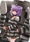  1girl 4others :3 ahoge animal_collar animal_ears bangs blush bound bound_wrists cat_ears cat_girl collar food hair_between_eyes highres hololive looking_at_viewer multicolored_clothes multiple_others nekomata_okayu onigiri onigirya_(nekomata_okayu) prison_clothes prisoner purple_eyes purple_hair rope short_hair smile solo_focus striped_clothes virtual_youtuber whcamellia00 
