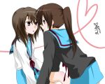  2girls :o bangs black_cardigan blue_sailor_collar blue_skirt blush brown_eyes brown_hair cardigan character_name closed_mouth commentary_request eye_contact eyebrows_visible_through_hair from_side genderswap genderswap_(mtf) hair_between_eyes heart heart_of_string kita_high_school_uniform koizumi_itsuki_(female) kyonko long_hair long_sleeves looking_at_another multiple_girls open_mouth ponytail red_ribbon ribbon ruby_b2 sailor_collar school_uniform serafuku simple_background skirt suzumiya_haruhi_no_yuuutsu translation_request white_background yuri 