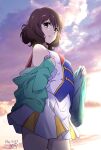  1girl breasts brown_eyes brown_hair closed_mouth cloud cloudy_sky cowboy_shot dated green_jacket hibike!_euphonium highres jacket multicolored_clothes multicolored_shirt nii_manabu oumae_kumiko removing_jacket short_hair signature sky small_breasts smile solo sunset two-tone_skirt uniform 
