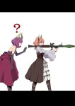 2girls ? aiming anachronism aura_(sousou_no_frieren) braid brown_dress commentary_request corset cross-laced_clothes cross-laced_corset demon_girl demon_horns dress elbow_gloves finger_on_trigger from_side gloves hair_ribbon hand_up highres holding holding_weapon horns leaning_forward linie_(sousou_no_frieren) long_hair long_sleeves low-braided_long_hair low-tied_long_hair multiple_girls pink_hair profile purple_eyes purple_hair quad_braids ribbon rocket_launcher rpg_(weapon) simple_background sousou_no_frieren twintails weapon white_background wide_sleeves yasehattagi 