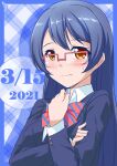  1girl absurdres bangs birthday blue_hair blush breasts bunji commentary dated embarrassed eyebrows_visible_through_hair glasses highres long_hair looking_at_viewer love_live! love_live!_school_idol_project over-rim_eyewear pink-framed_eyewear semi-rimless_eyewear shiny shiny_hair signature small_breasts sonoda_umi sweat upper_body yellow_eyes 
