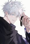  1boy black_jacket blue_eyes gojou_satoru hair_between_eyes harenzero highres holding holding_removed_eyewear jacket jujutsu_kaisen jujutsu_tech_uniform long_sleeves looking_at_viewer male_focus parted_lips short_hair smile solo sunglasses twitter_username unworn_eyewear upper_body white_background white_hair 
