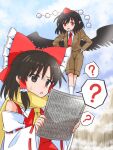  2girls ? ascot bird_wings black_hair black_wings bow brown_eyes brown_hair brown_jacket brown_shorts collared_shirt commentary_request detached_sleeves flying forbidden_scrollery frilled_bow frilled_hair_tubes frills hair_bow hair_tubes hakurei_reimu hands_in_pockets hat highres holding holding_newspaper jacket long_hair long_sleeves multiple_girls necktie newspaper official_alternate_costume open_mouth pom_pom_(clothes) red_bow red_eyes red_hat red_necktie red_skirt ribbon-trimmed_sleeves ribbon_trim scarf shameimaru_aya shameimaru_aya_(newsboy) shirt shorts skirt skirt_set spoken_question_mark sweatdrop tokin_hat touhou white_shirt wings yakousei_no_kame yellow_ascot yellow_scarf 