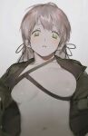  1girl bangs black_ribbon blush commentary_request expressionless girls&#039;_frontline green_eyes green_jacket grey_hair hair_between_eyes hair_ribbon jacket long_hair looking_at_viewer naked_jacket open_clothes open_jacket parted_lips ribbon solo ump40_(girls&#039;_frontline) upper_body yoly--cha 