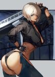  1girl angel_(kof) ass bangs black_gloves black_jacket blue_eyes breasts chaps commentary_request cropped_jacket fingerless_gloves gloves hair_over_one_eye hand_on_hip hand_up highres jacket leather leather_jacket lips looking_at_viewer medium_breasts midriff nasubin_(user_tjyp5584) panties parted_lips short_hair simple_background sleeves_rolled_up smile solo the_king_of_fighters thighs twisted_torso underwear white_hair zipper 