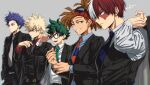  5boys bakugou_katsuki black_jacket black_necktie blue_eyes blue_shirt boku_no_hero_academia burn_scar character_request collared_shirt eyewear_on_head freckles glasses green_hair green_necktie grey_background grey_necktie grin highres jacket looking_at_viewer male_focus midoriya_izuku mkm_(mkm_storage) multicolored_hair multiple_boys necktie purple_hair red_hair red_shirt scar scar_on_face shinsou_hitoshi shirt signature smile striped_necktie todoroki_shouto two-tone_hair white_hair white_shirt 