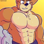  1:1 2022 abs activision anthro bandicoot big_muscles bottomwear clothed clothing crash_bandicoot_(series) crunch_bandicoot eyebrows fizzyjay fur hi_res huge_muscles looking_at_viewer male mammal marsupial muscular muscular_anthro muscular_male navel obliques pants pecs simple_background smile solo standing teeth text topless topless_anthro topless_male tuft url video_games yellow_background 