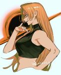  1girl black_hole black_shirt blonde_hair crop_top highres jujutsu_kaisen long_hair shirt sleeveless sleeveless_shirt solo toned toned_female tsukumo_yuki_(jujutsu_kaisen) upper_body zumu_(quw87) 