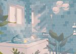  1girl absurdres bath bathroom bathtub blonde_hair ceiling_light closed_eyes commentary_request highres indoors lamp mermaid mirror monster_girl nature original partially_submerged plant rubber_duck shion_08 shower_head soap_bottle solo tile_wall tiles water window 