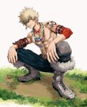  abs angry arm_tattoo bakugou_katsuki bead_necklace beads belt belt_buckle blonde_hair blue_pants boku_no_hero_academia boots brown_belt buckle earrings fur_boots grey_footwear highres jewelry mkm_(mkm_storage) multiple_necklaces necklace outdoors pants red_eyes spiked_hair squatting tattoo toned toned_male topless_male white_background 