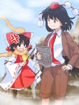  2girls anger_vein angry ascot black_hair black_wings bow brown_eyes brown_hair brown_jacket brown_shorts collared_shirt commentary_request detached_sleeves forbidden_scrollery frilled_bow frilled_hair_tubes frills gohei hair_bow hair_tubes hakurei_reimu hat highres holding holding_gohei holding_newspaper jacket long_hair multiple_girls necktie newspaper official_alternate_costume open_clothes open_jacket open_mouth orange_scarf pointy_ears red_bow red_eyes red_necktie ribbon-trimmed_sleeves ribbon_trim scarf shameimaru_aya shameimaru_aya_(newsboy) shirt shorts suit_jacket touhou white_shirt wings yakousei_no_kame yellow_ascot 