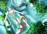 2girls :d aqua_eyes aqua_hair artist_name barefoot bath bathroom bathtub breasts brown_hair commentary commentary_request completely_nude dated from_above highres indoors llws long_hair looking_at_viewer looking_back looking_up mermaid mirror monster_girl multiple_girls nude open_mouth original outstretched_arms partially_submerged plant red_eyes shared_bathing shell shell_bikini short_hair shower_head smile spread_arms tile_floor tile_wall tiles towel_rack watermark window 